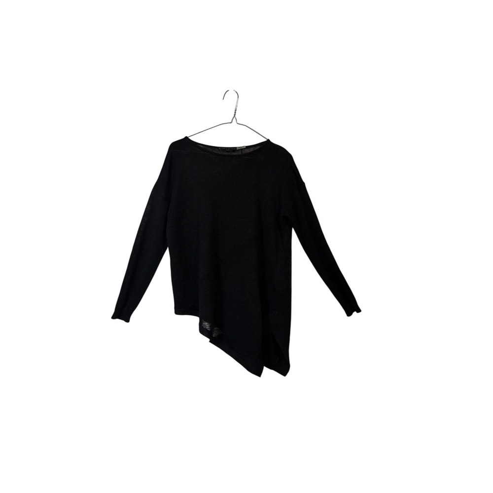 Alice + Olivia Sweater Women L Black 100% Linen Asymmetrical Hem Boat Neck